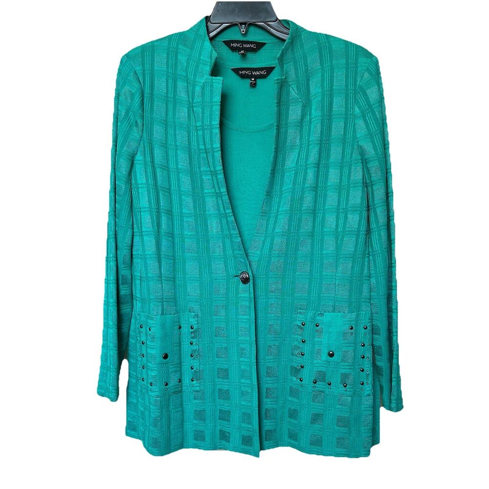 Ming Wang Top & Jacket Set Med Green Long Sleeve Stretch Quiet Luxury Classic